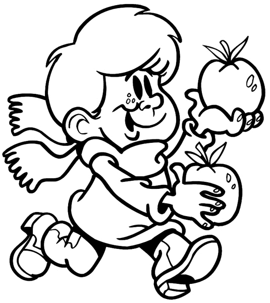 Little boy admiring apples in his hand vinyl sticker. Customize on line.      Autumn Fall 006-0170  